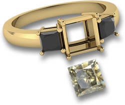 Gelbgoldring mit quadratischem Champagner-Diamanten und schwarzen Spinell-Seitensteinen
