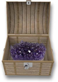 Amethystkristalle in einer Schatztruhe