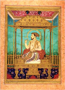 Eine künstlerische Darstellung von Shah Jahan auf einem Pfauenthron