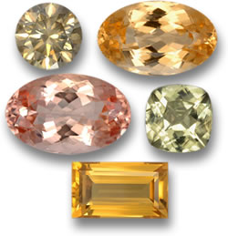 Unbehandelte Edelsteine aus Diamant, Kaisertopas, Morganit, Diaspor und Citrin