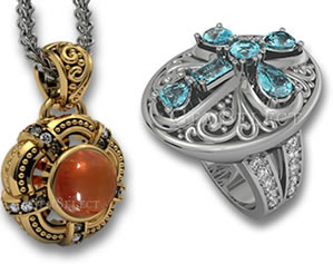 Gold Spessartit Granat Cabochon Anhänger & Silber Aquamarin Kreuz Design Ring