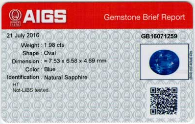 AIGS-Edelsteinzertifikat für blauen Saphir