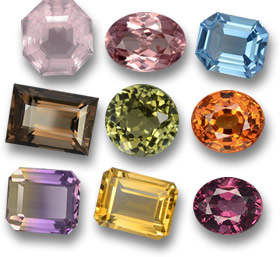 Einige erschwingliche Edelsteine: Rosenquarz, Zirkon, Topas, Rauchquarz, Turmalin, Spessartit, Ametrin, Citrin und Rhodolith