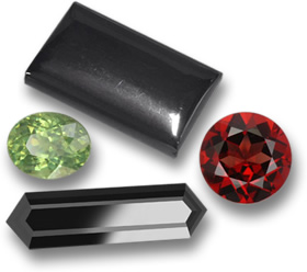 Edelsteine aus Hämatit, Demantoid-Granat, Almandin-Granat und schwarzem Turmalin