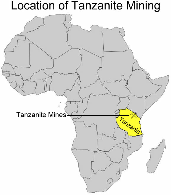 Eine Karte von Afrika, die die Lage der Tansanit-Minen in Tansania zeigt