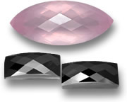 Rosenquarz im Marquise-Schachbrettschliff und schwarzer Spinell im Rosenschliff