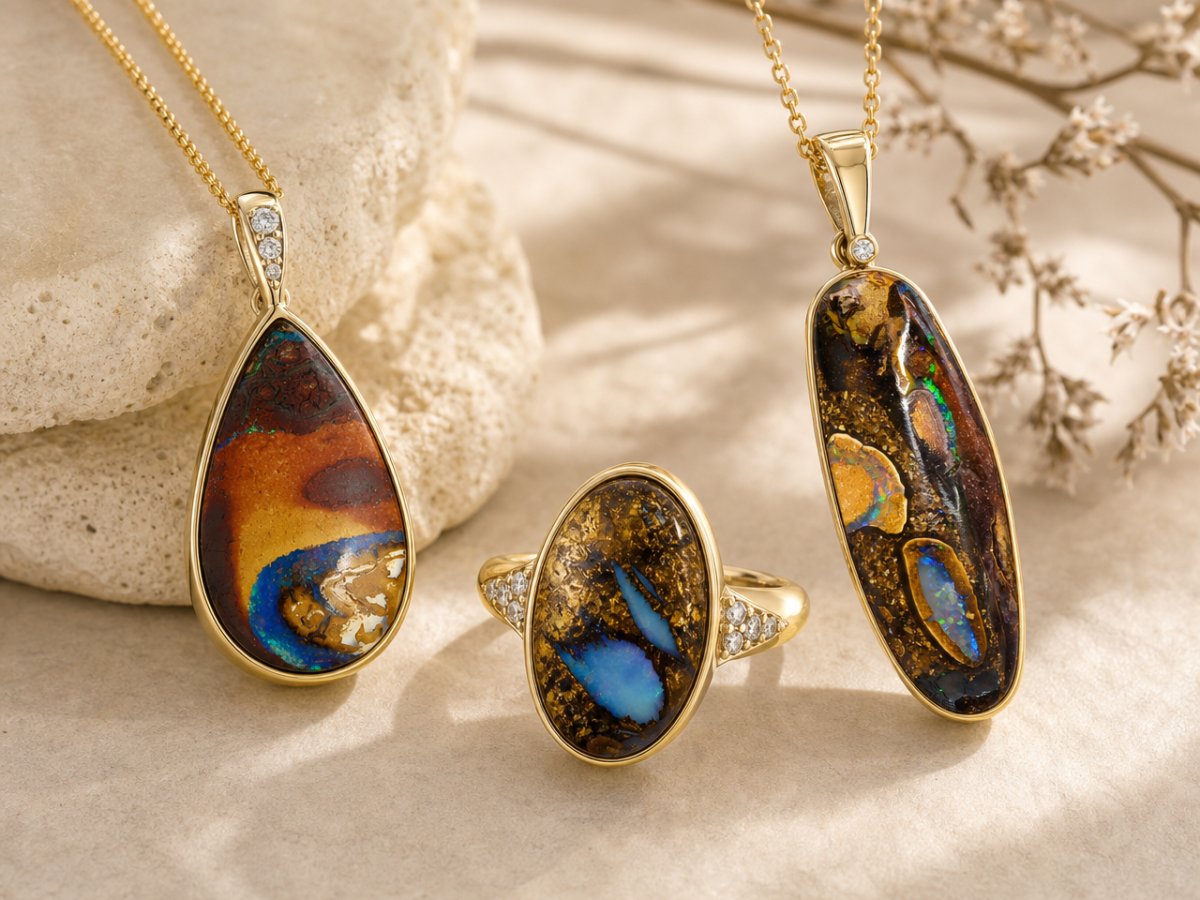 Boulder-Opal-Edelsteine, die in Schmuckstücken gezeigt werden