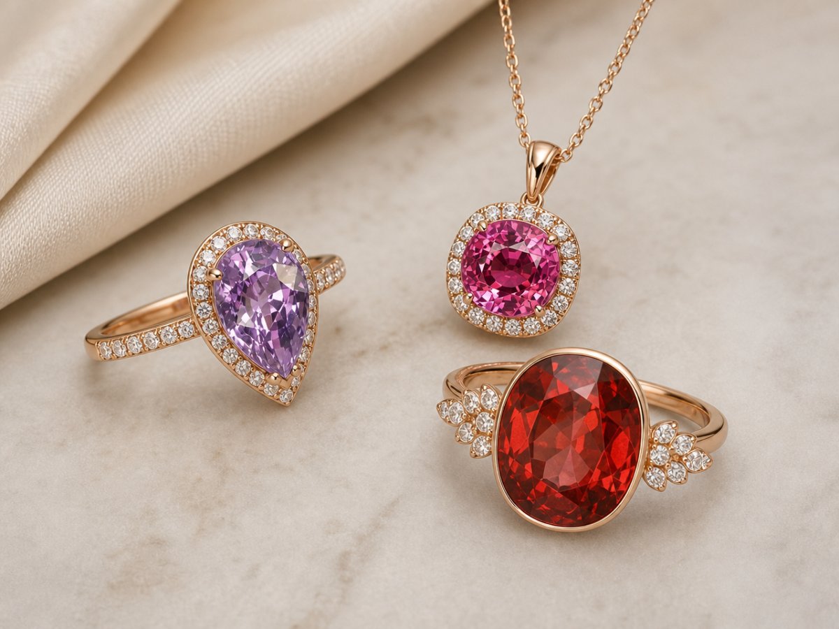 Burma-Spinel-Edelsteine, die in Schmuckstücken abgebildet sind