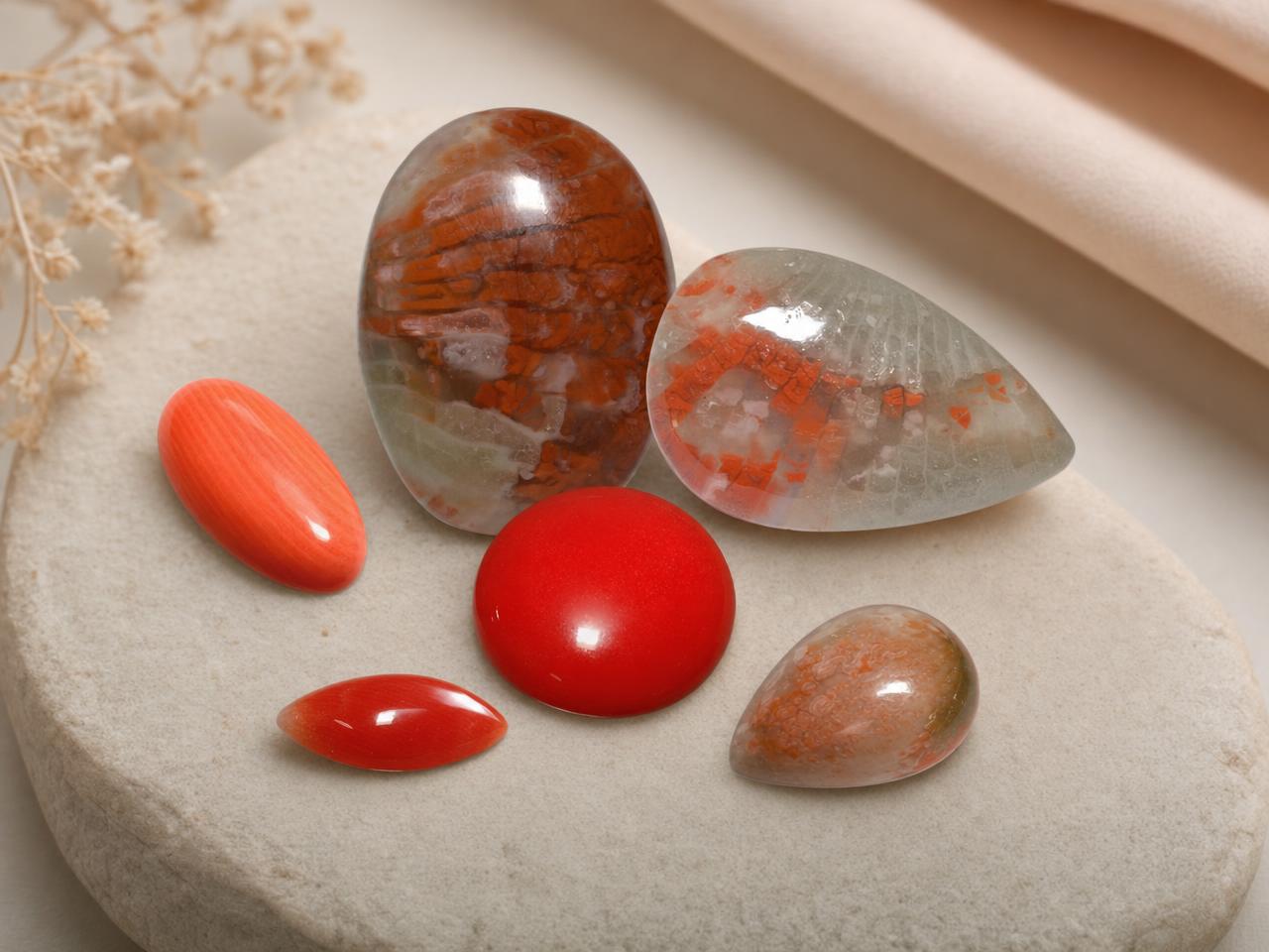 Lose Korallen-Edelsteine im Cabochon-Schliff mit glatt polierten Kuppeln