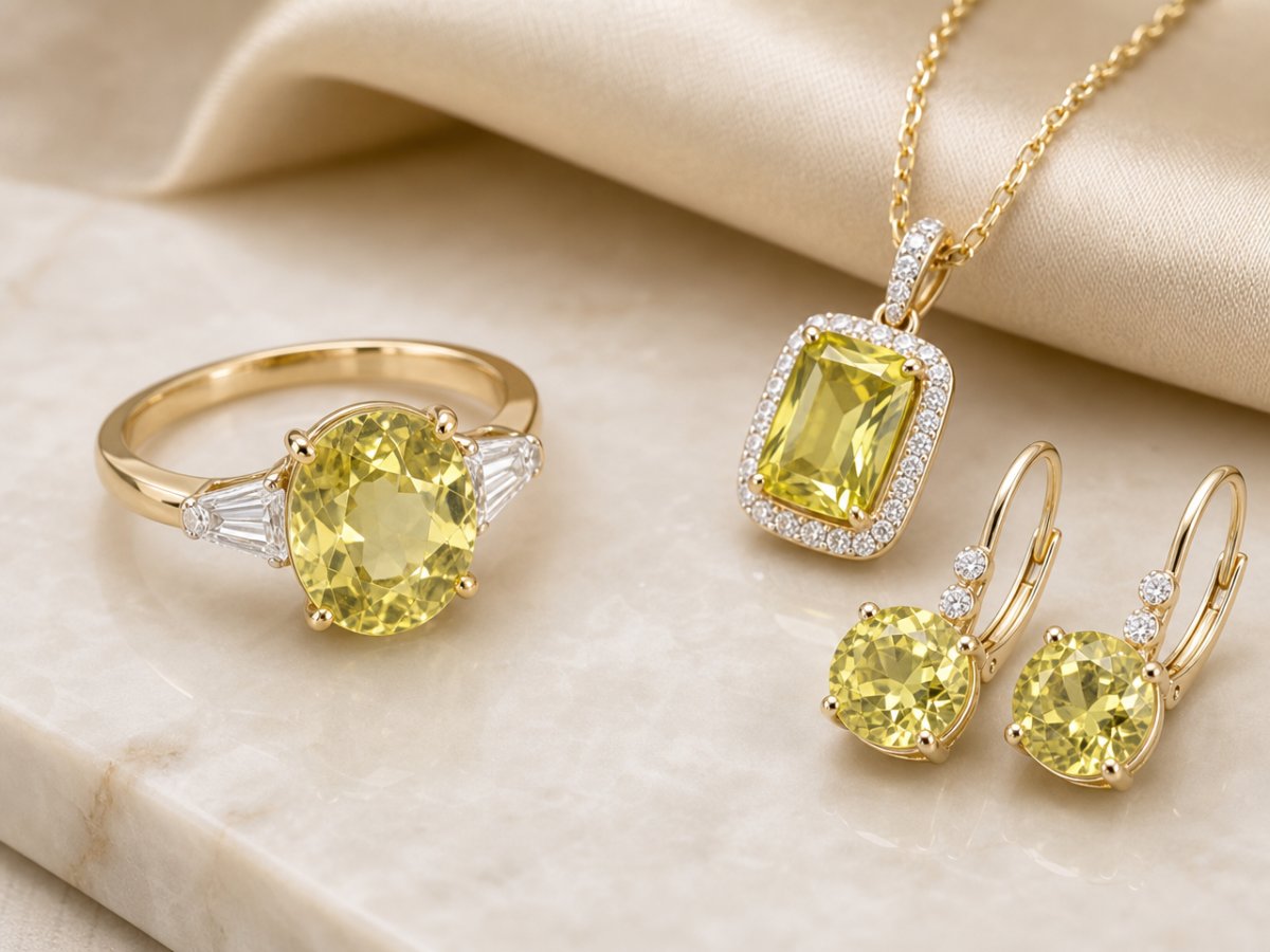 Chrysoberyll-Edelsteine, die in Schmuckstücken gezeigt werden