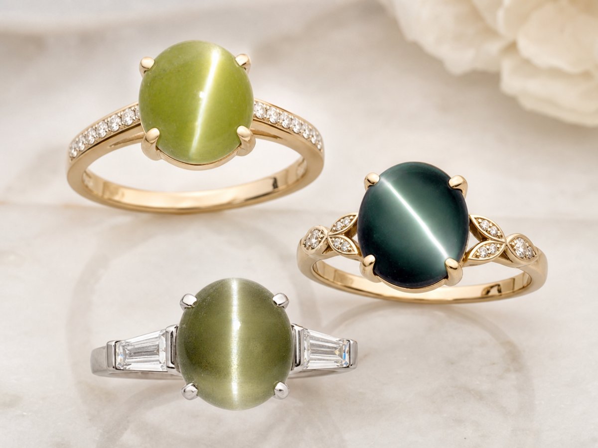 Chrysoberyll-Katzenaugen-Edelsteine, die in Schmuckstücken gezeigt werden