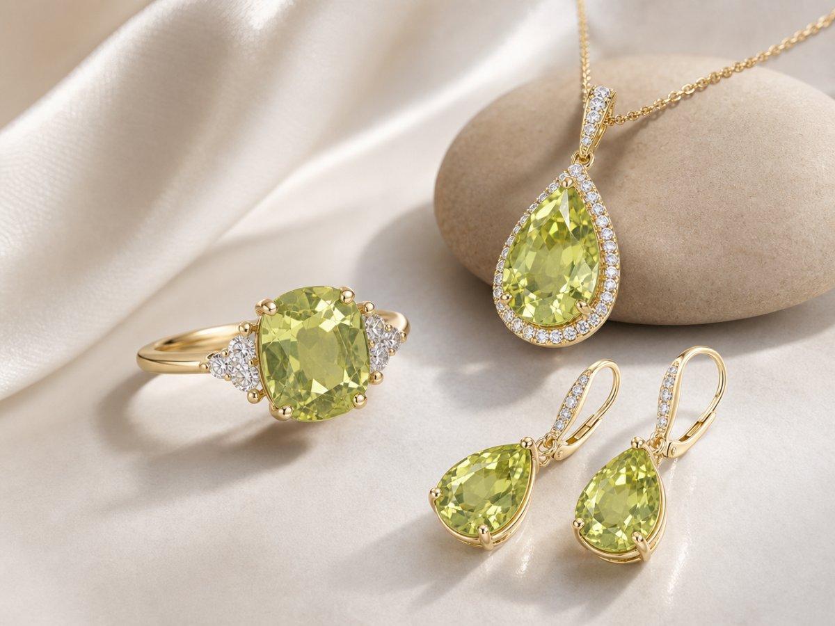 Chrysoberyll-Edelsteine, die in Schmuckstücken gezeigt werden
