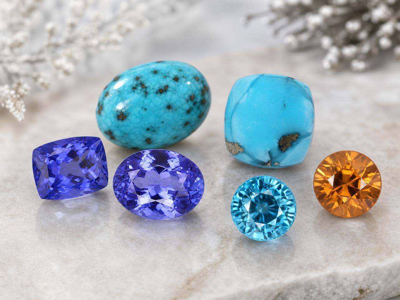 Lose Geburtssteine für Dezember, darunter Türkis, Tansanit und Zirkon.