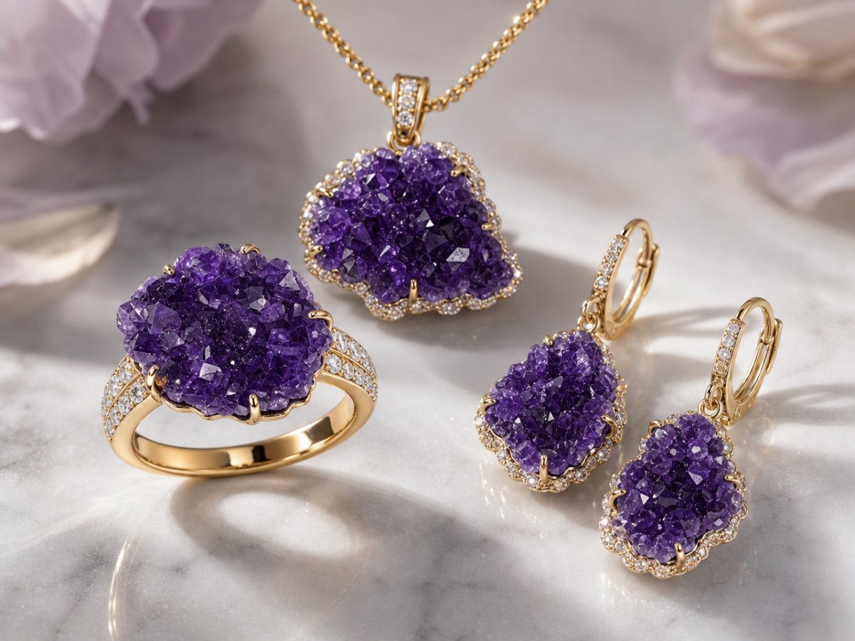 Druzy-Amethyst-Edelsteine, die in Schmuckstücken gezeigt werden