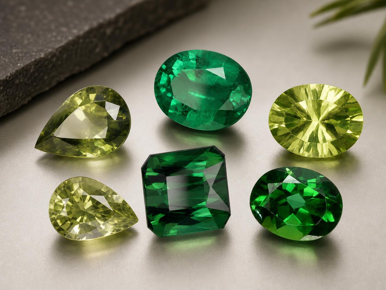 Sortiment an haltbaren, losen grünen Edelsteinen für Schmuck