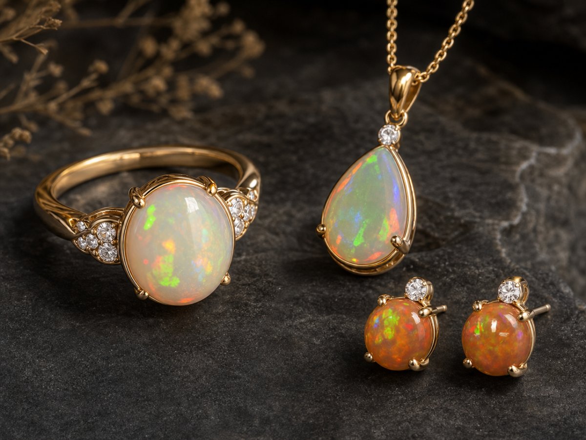 Äthiopische Opal-Edelsteine, die in Schmuckstücken gezeigt werden