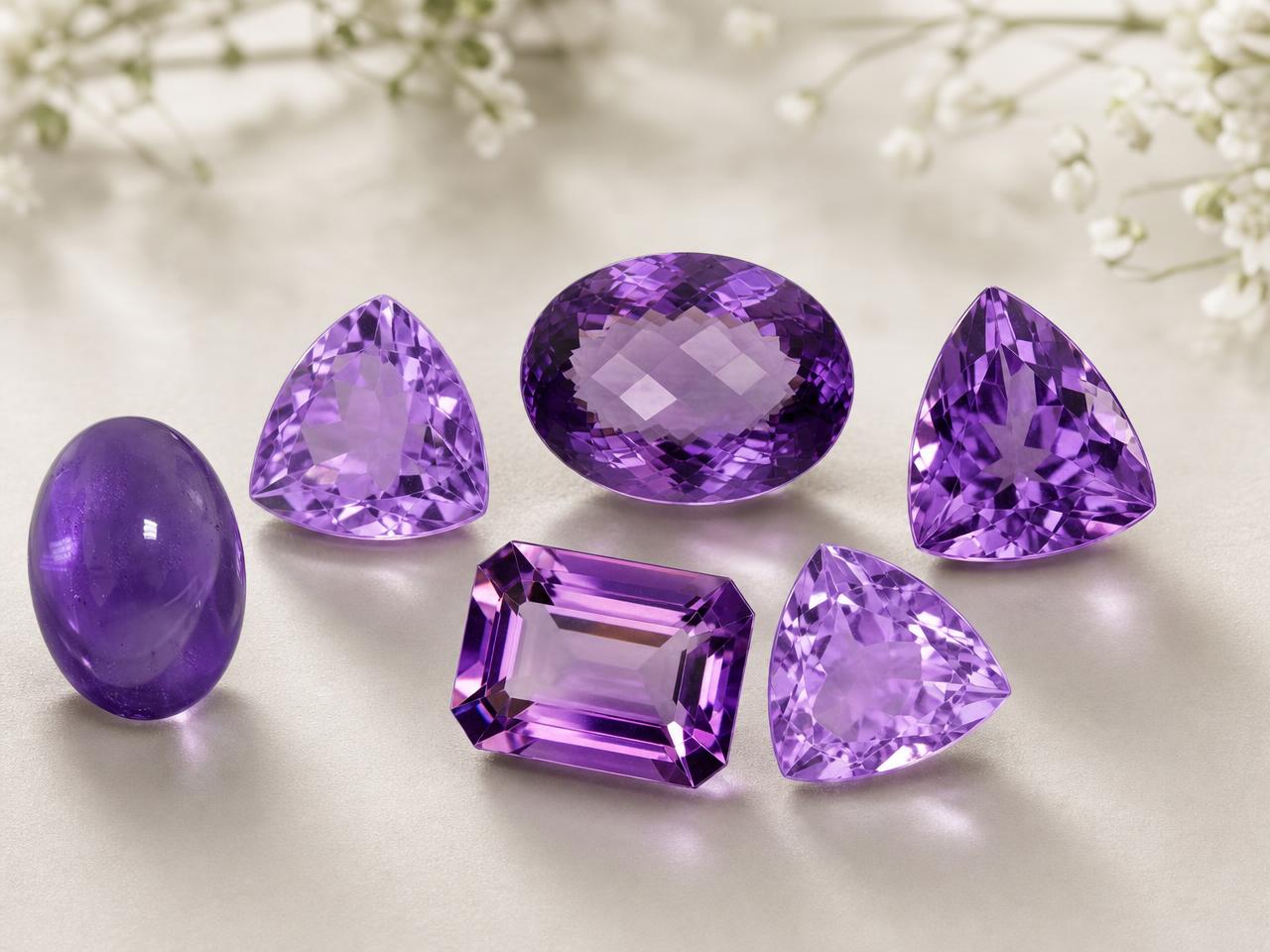 Lose violette Amethyst-Edelsteine für Schmuckstücke, die zum Geburtsstein Februar gehören.