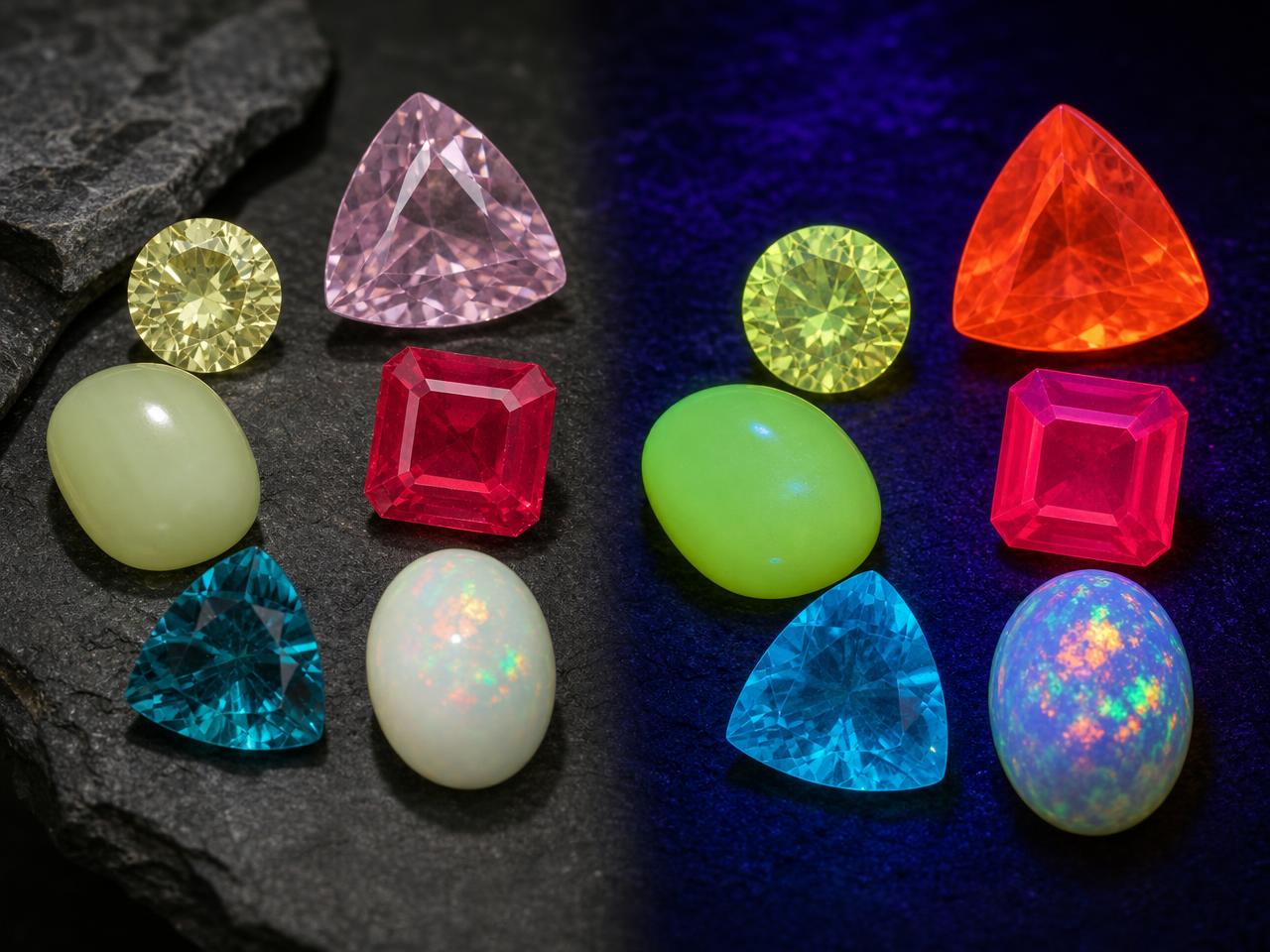 Lose fluoreszierende Edelsteine, die unter ultraviolettem Licht leuchten