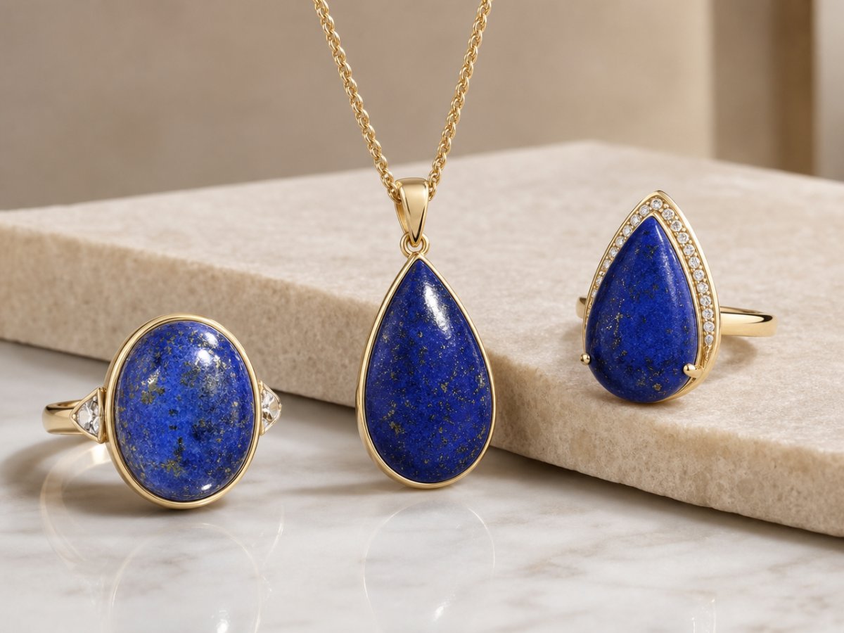 Lapislazuli-Edelsteine, die in Schmuckstücken abgebildet sind