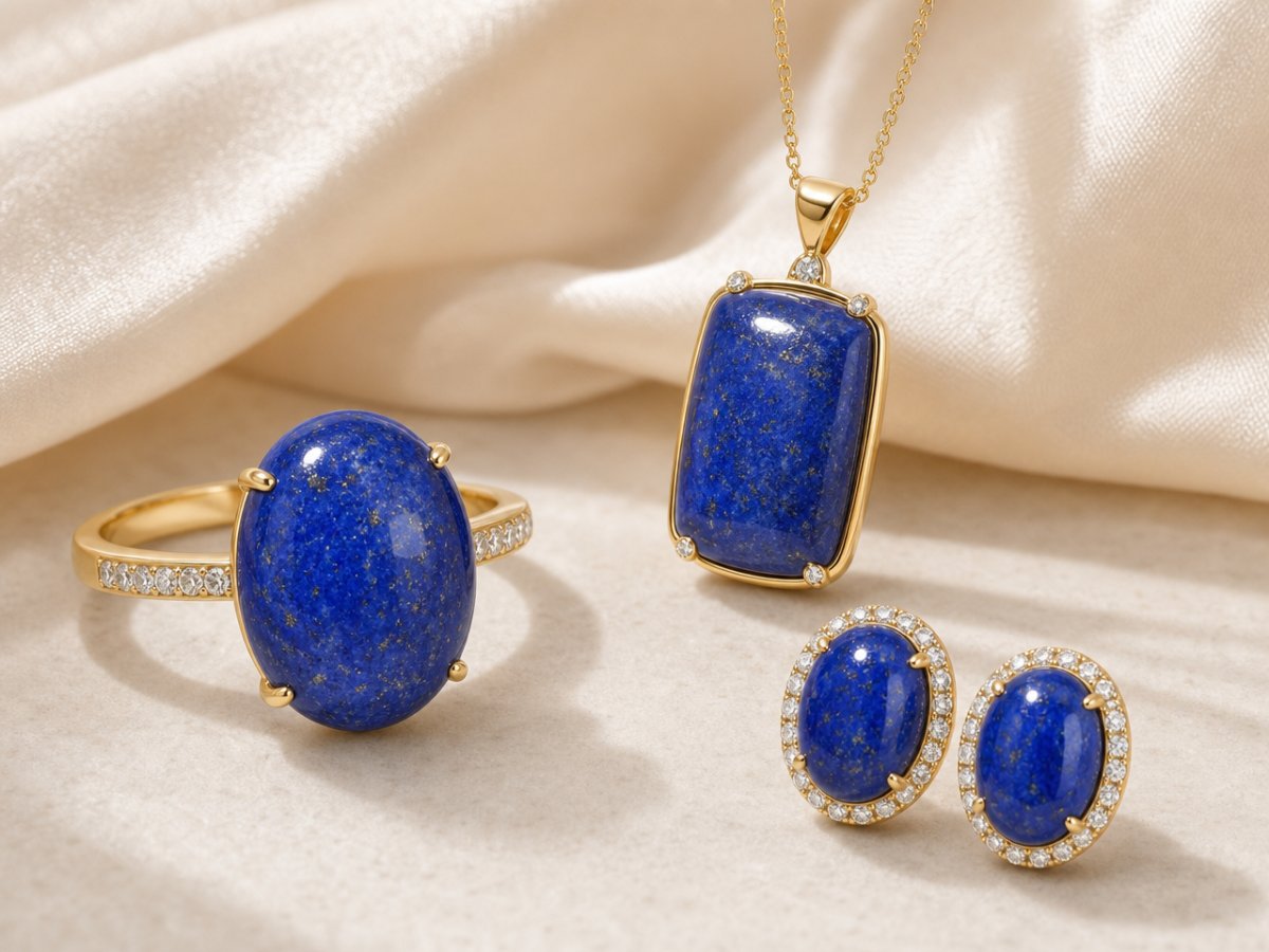 Lapislazuli-Edelsteine, die in Schmuckstücken abgebildet sind