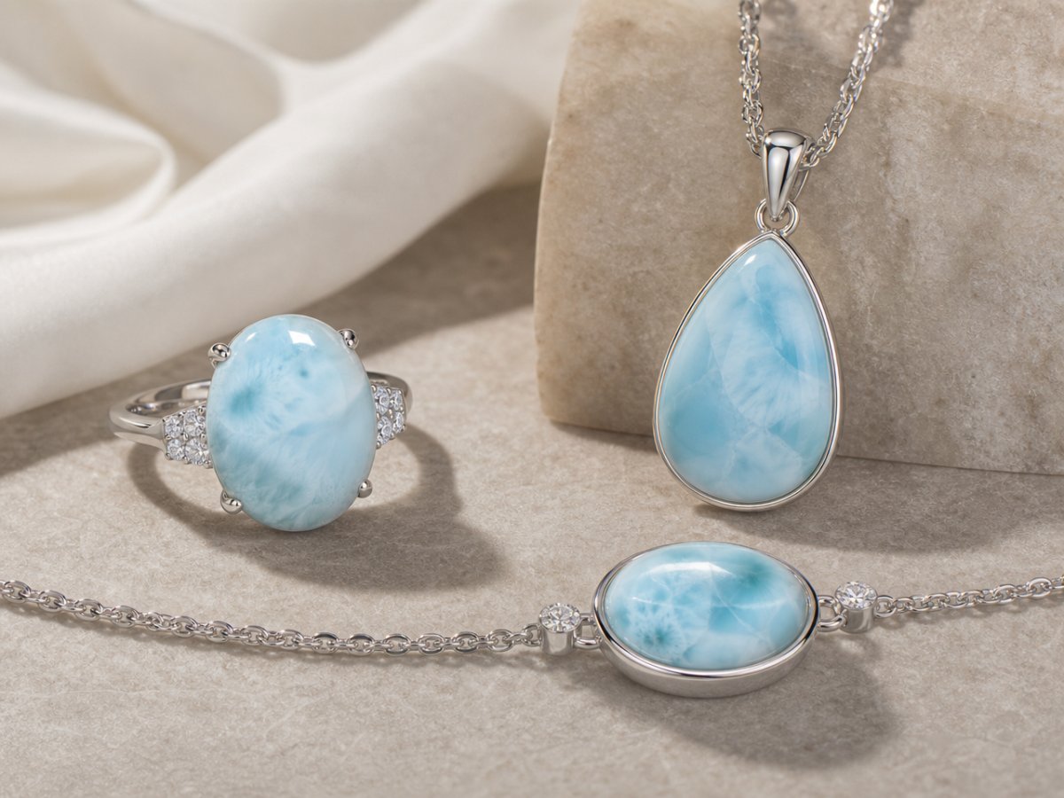 Larimar-Edelsteine, die in Schmuckstücken gezeigt werden