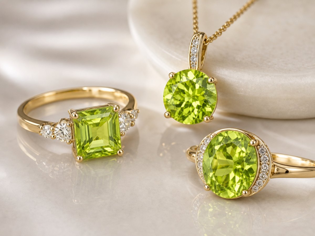 Peridot-Edelsteine, die in Schmuckstücken abgebildet sind