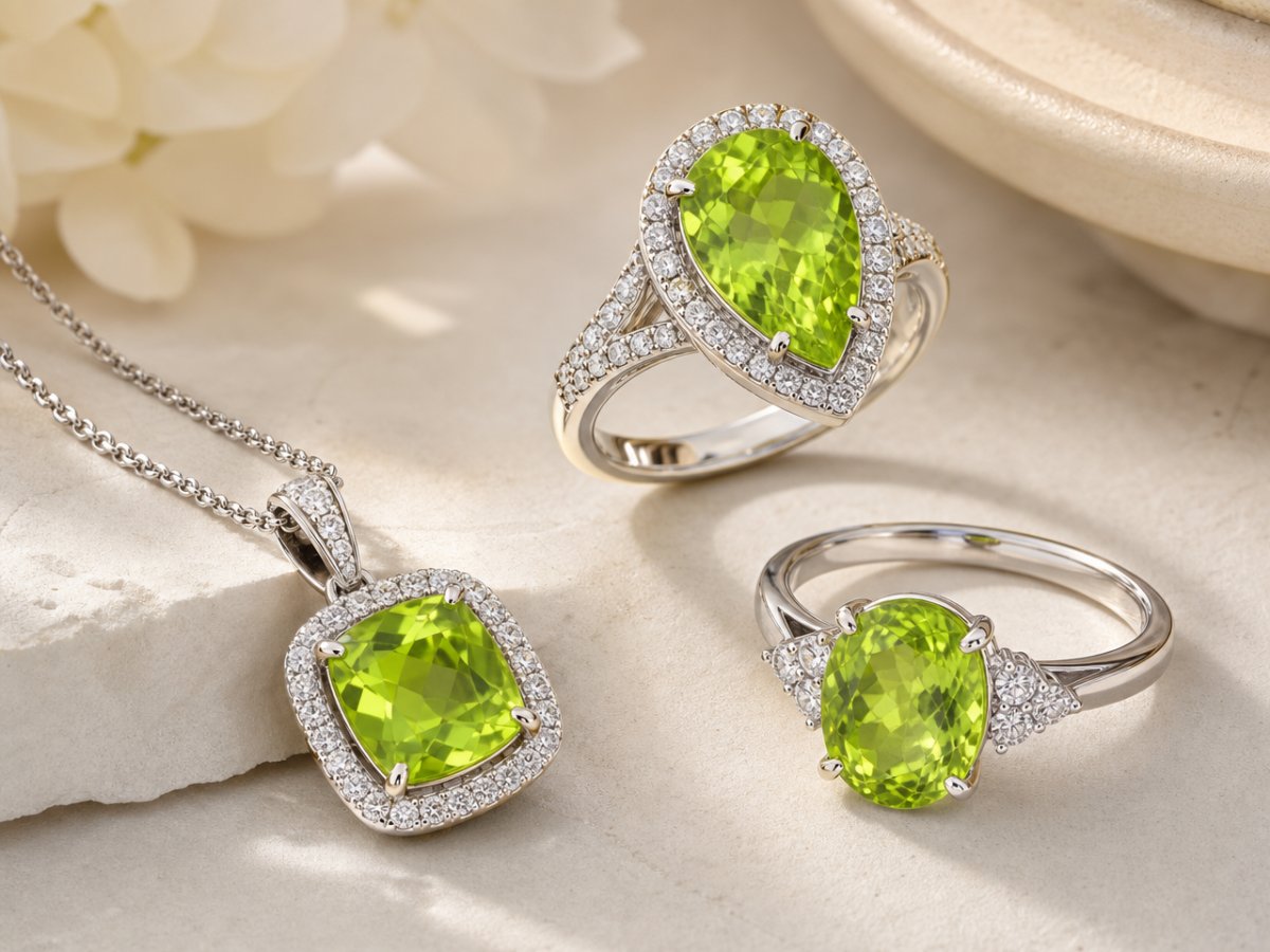 Peridot-Edelsteine, die in Schmuckstücken abgebildet sind