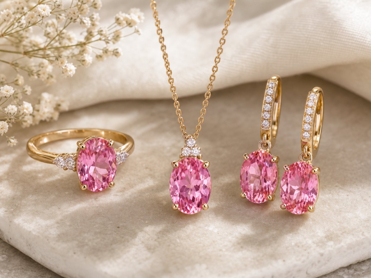 In Schmuckstücken abgebildete rosa Topas-Edelsteine