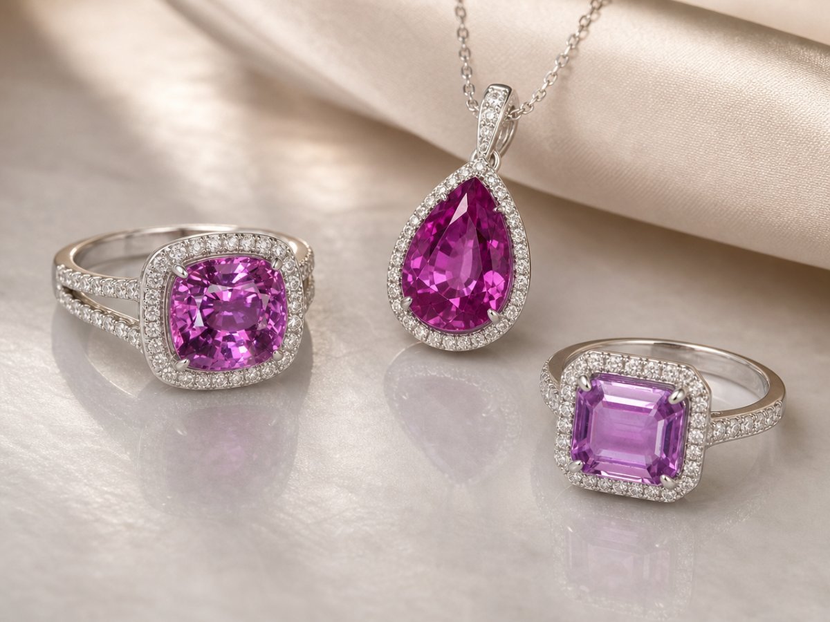 In Schmuckstücken abgebildete violette Saphire.