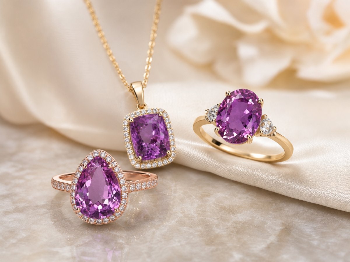 In Schmuckstücken abgebildete violette Saphire.