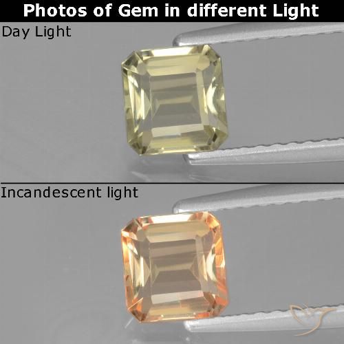 0.85ct Natürlicher hellgelb Farbwechselnder Diaspor, Smaragdschliff, VVS-VS