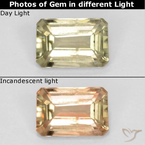 0.73ct Natürlicher hellgelb Farbwechselnder Diaspor, Smaragdschliff, VS-SI