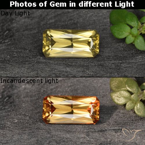 0.69ct Natürlicher gold-gelb Farbwechselnder Granat, Smaragdschliff, VVS-VS