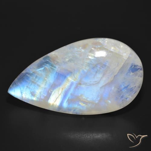 47.03ct Natürlicher Bläulich-weiß Regenbogenmondstein, Birnenform, Lichtdurchlässig