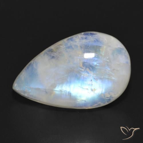 11.69ct Natürlicher Bläulich-weiß Regenbogenmondstein, Birnenform, Lichtdurchlässig