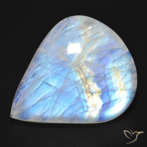 76.92ct Natürlicher Bläulich-weiß Regenbogenmondstein, Birnenform, Lichtdurchlässig